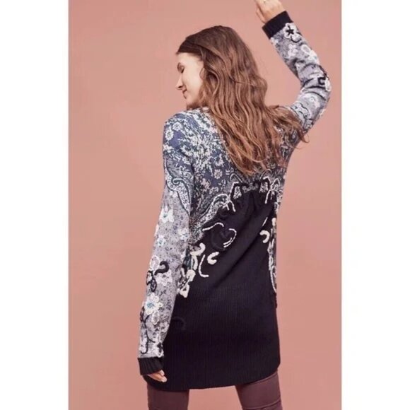 Anthropologie HWR Monogram Emma embroidered wool waterfall Cardigan Sweater M - Picture 2 of 12